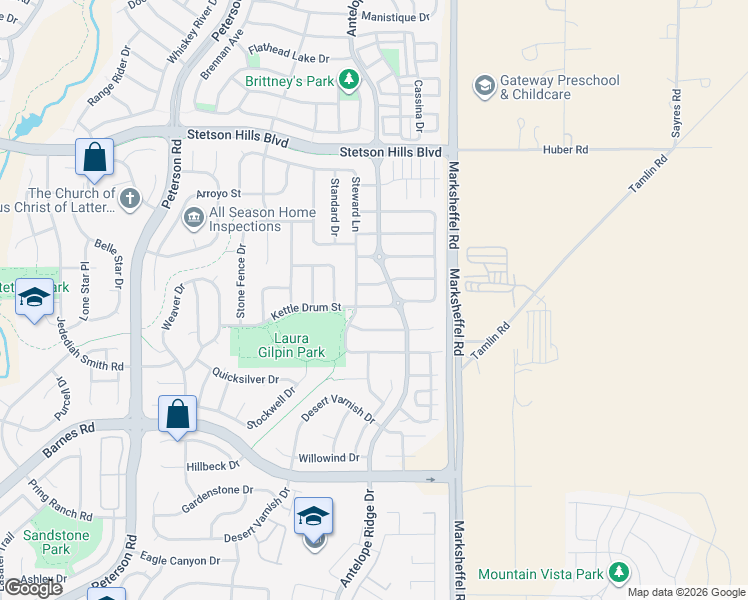 map of restaurants, bars, coffee shops, grocery stores, and more near 7627 Orange Sunset Drive in Colorado Springs