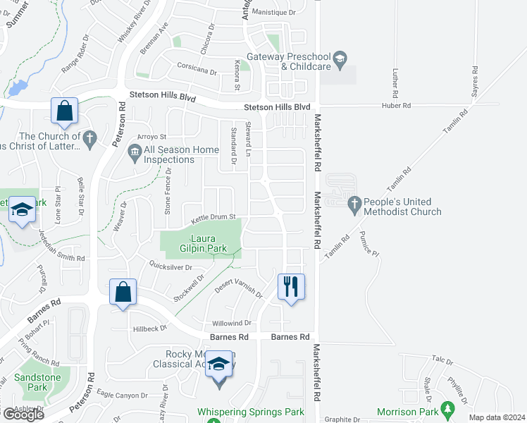 map of restaurants, bars, coffee shops, grocery stores, and more near 7854 Kettle Drum Street in Colorado Springs