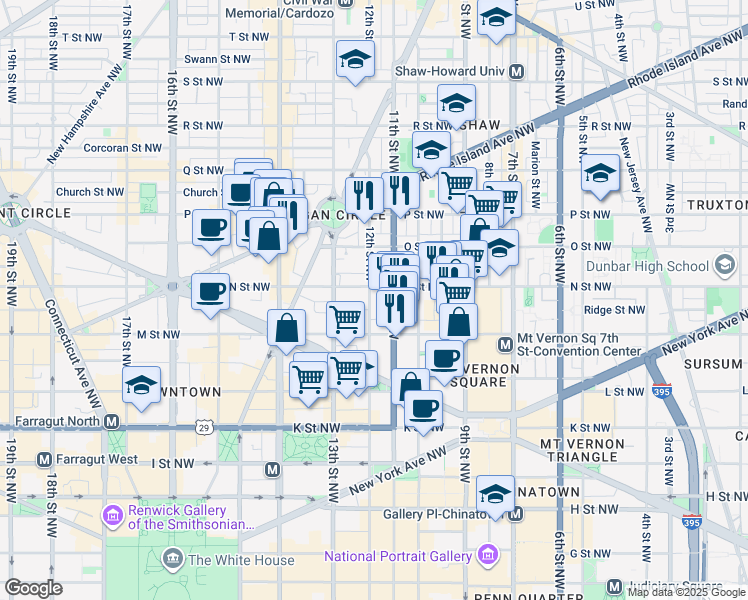 map of restaurants, bars, coffee shops, grocery stores, and more near 1233 12th Street Northwest in Washington