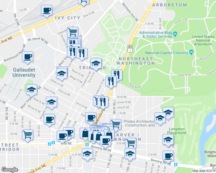 map of restaurants, bars, coffee shops, grocery stores, and more near 101 Independence Avenue Southeast in Washington