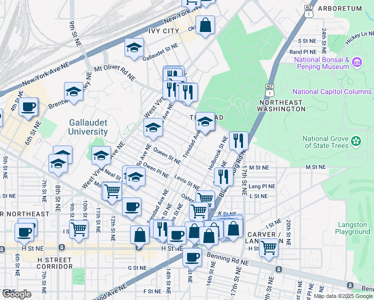 map of restaurants, bars, coffee shops, grocery stores, and more near 101 Independence Avenue Southeast in Washington