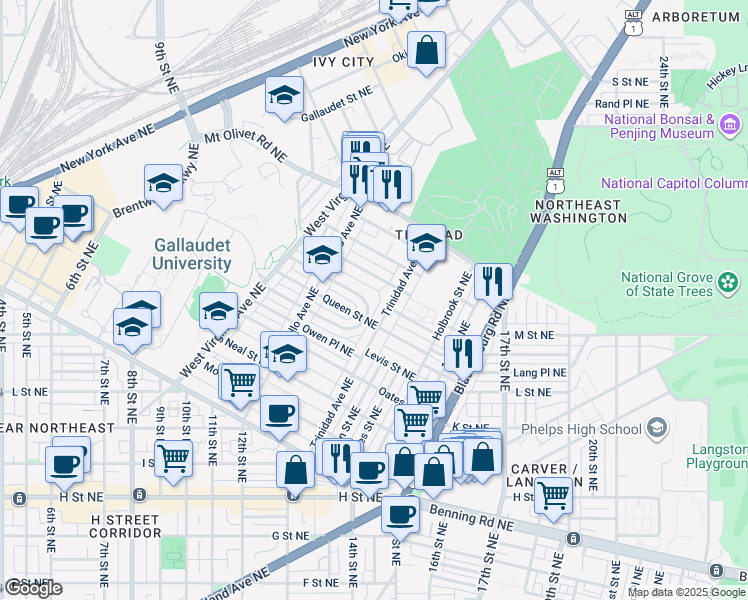 map of restaurants, bars, coffee shops, grocery stores, and more near 101 Independence Avenue Southeast in Washington