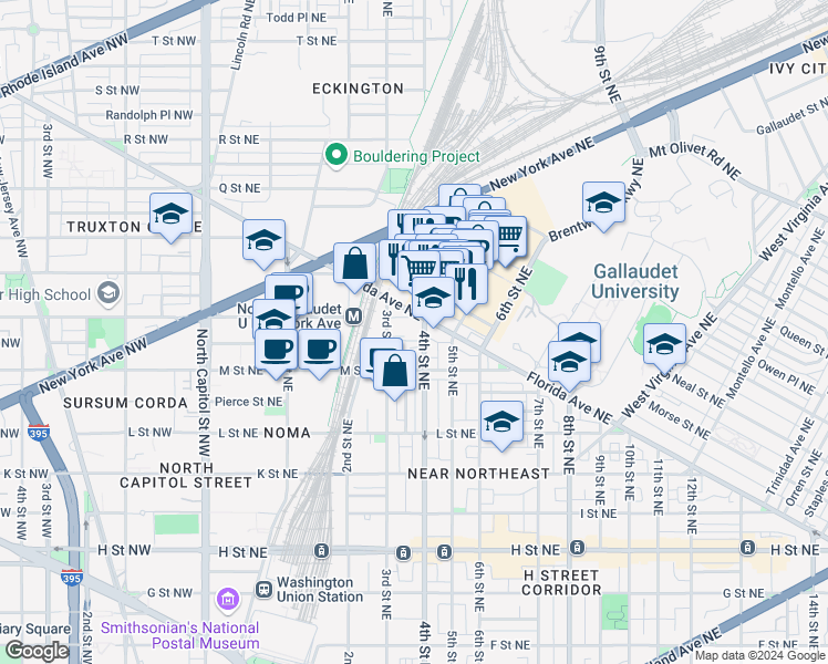 map of restaurants, bars, coffee shops, grocery stores, and more near 101 Independence Avenue Southeast in Washington