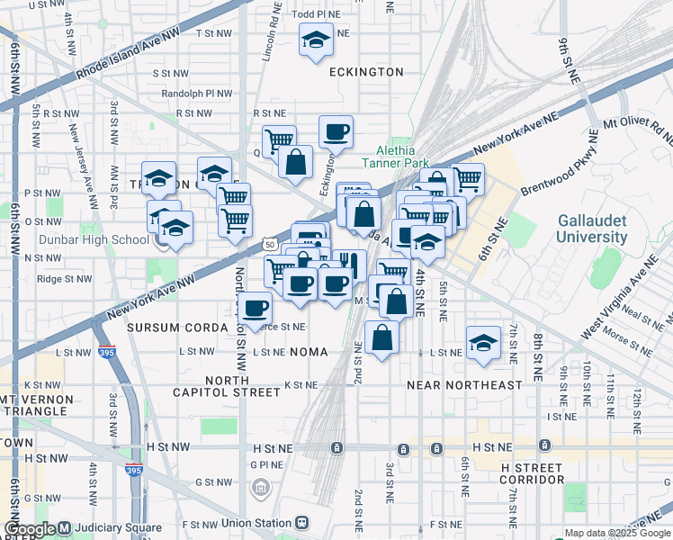 map of restaurants, bars, coffee shops, grocery stores, and more near 145 N Street Northeast in Washington