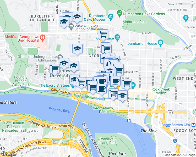 map of restaurants, bars, coffee shops, grocery stores, and more near N St NW & 33rd St NW in Washington