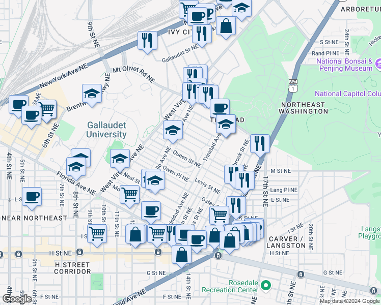 map of restaurants, bars, coffee shops, grocery stores, and more near 1253 Holbrook Terrace Northeast in Washington
