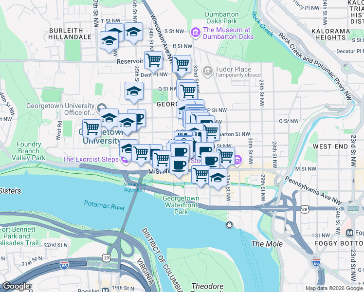 map of restaurants, bars, coffee shops, grocery stores, and more near N Street Northwest & Potomac Street Northwest in Washington