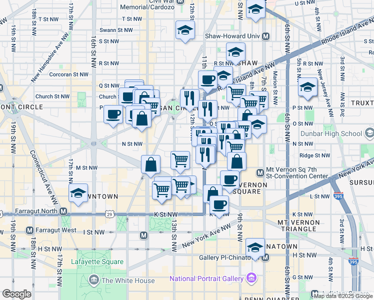 map of restaurants, bars, coffee shops, grocery stores, and more near 1200 N Street Northwest in Washington