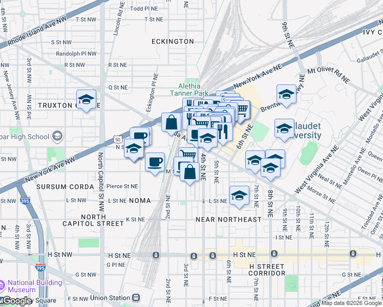 map of restaurants, bars, coffee shops, grocery stores, and more near 301 N Street Northeast in Washington