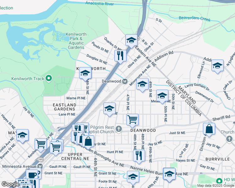 map of restaurants, bars, coffee shops, grocery stores, and more near 4628 Minnesota Avenue Northeast in Washington