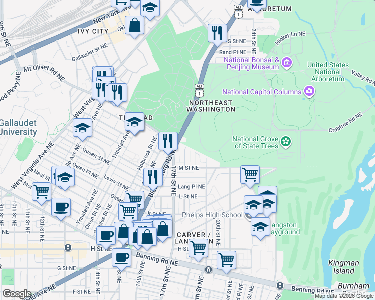 map of restaurants, bars, coffee shops, grocery stores, and more near 101 Independence Avenue Southeast in Washington