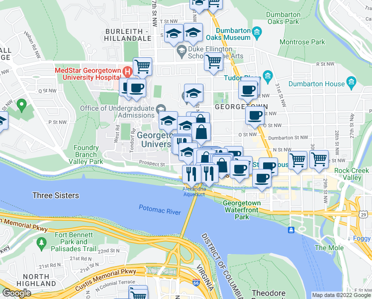 map of restaurants, bars, coffee shops, grocery stores, and more near 1301 36th Street Northwest in Washington