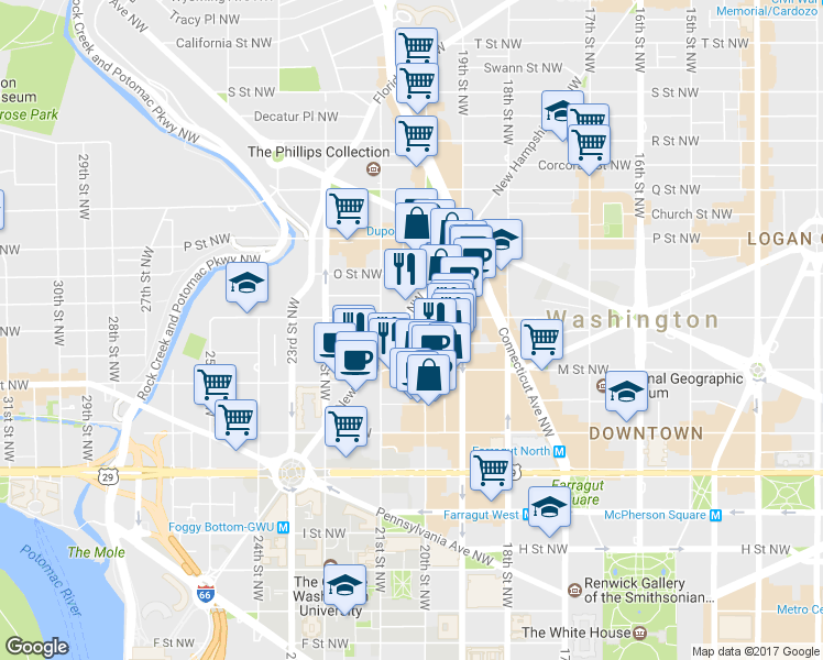 map of restaurants, bars, coffee shops, grocery stores, and more near 2000 N Street Northwest in Washington