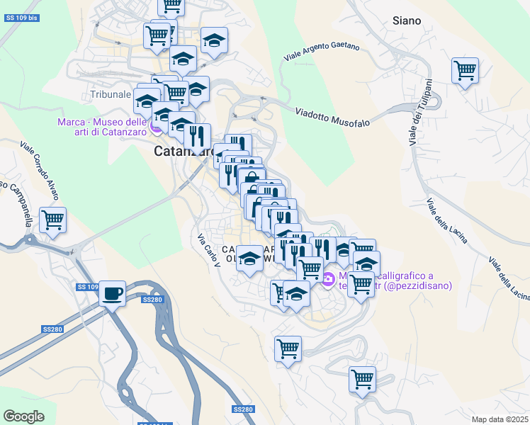 map of restaurants, bars, coffee shops, grocery stores, and more near 3 Via Giovanni Jannoni in Catanzaro