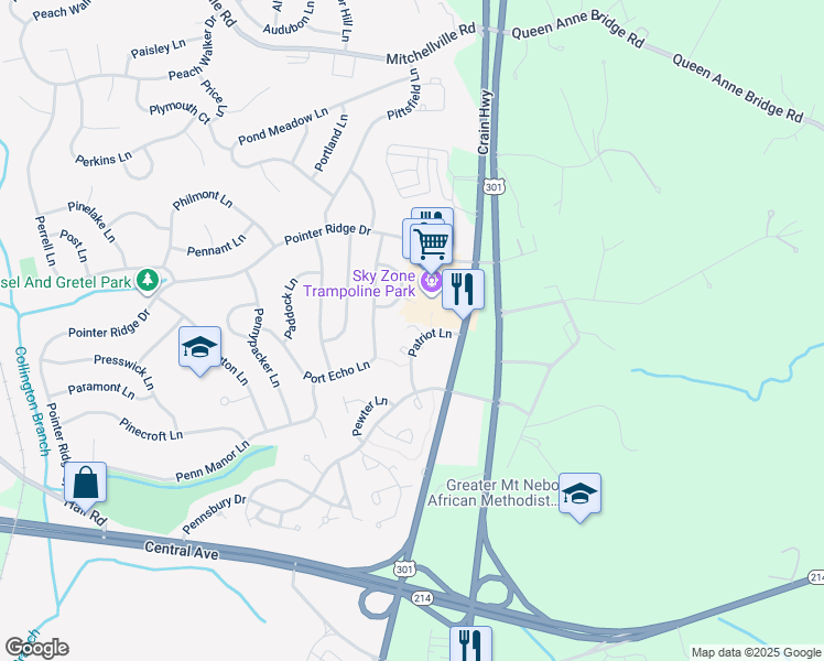 map of restaurants, bars, coffee shops, grocery stores, and more near 1250 Patriot Lane in Bowie