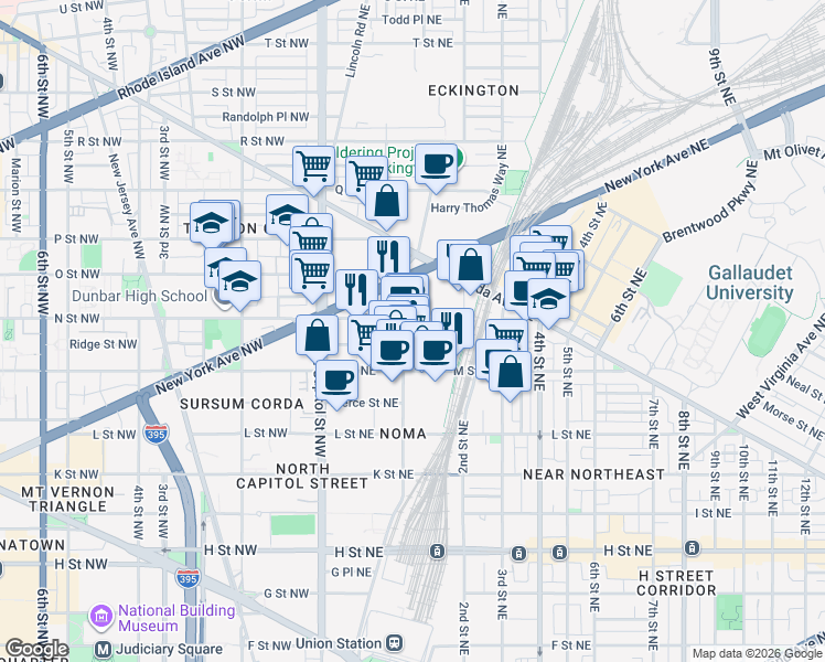 map of restaurants, bars, coffee shops, grocery stores, and more near 1275 First Street Northeast in Washington
