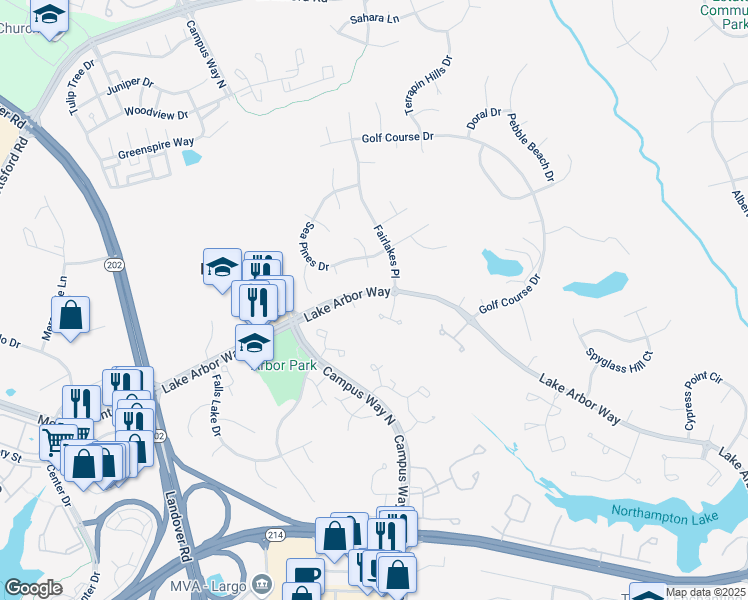 map of restaurants, bars, coffee shops, grocery stores, and more near 10515 Lake Arbor Way in Bowie