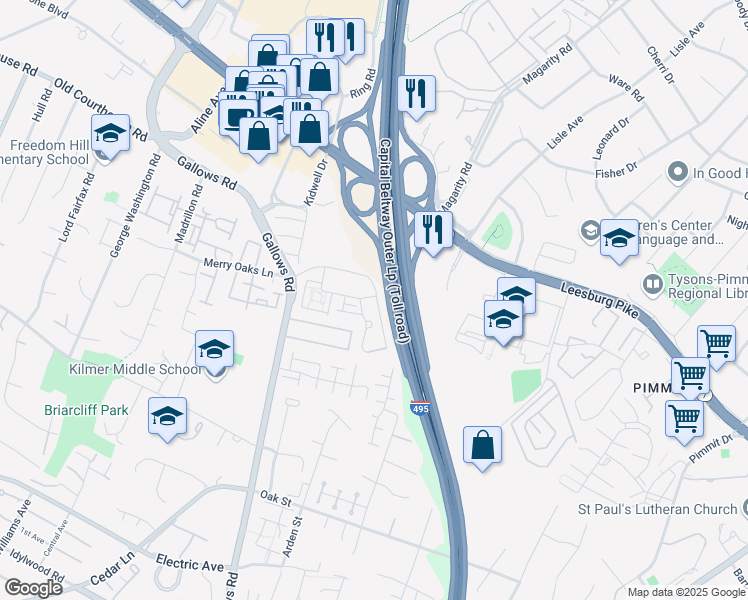 map of restaurants, bars, coffee shops, grocery stores, and more near 2121 Crianza Place in Vienna