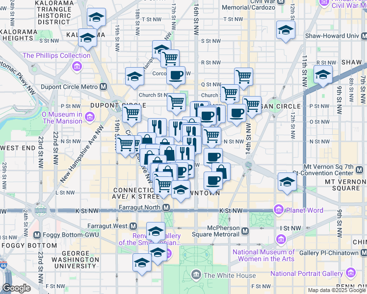map of restaurants, bars, coffee shops, grocery stores, and more near 7 Rhode Island Avenue Northwest in Washington