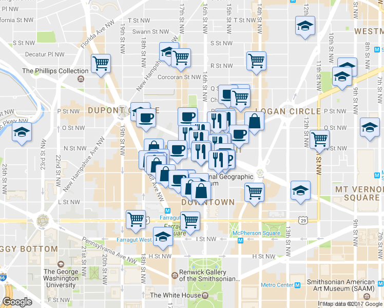 map of restaurants, bars, coffee shops, grocery stores, and more near 3 Scott Cir NW in Washington