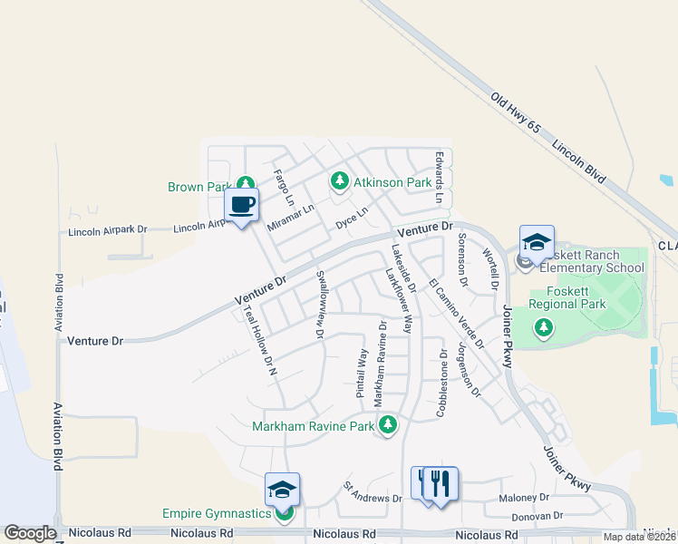 map of restaurants, bars, coffee shops, grocery stores, and more near 2060 Larkflower Way in Lincoln