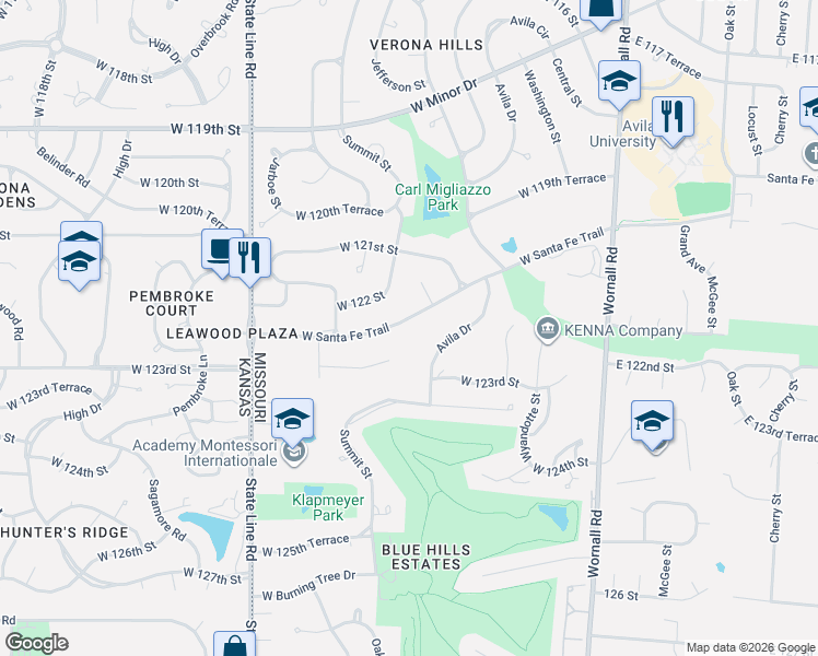 map of restaurants, bars, coffee shops, grocery stores, and more near 717 West Santa Fe Trail in Kansas City