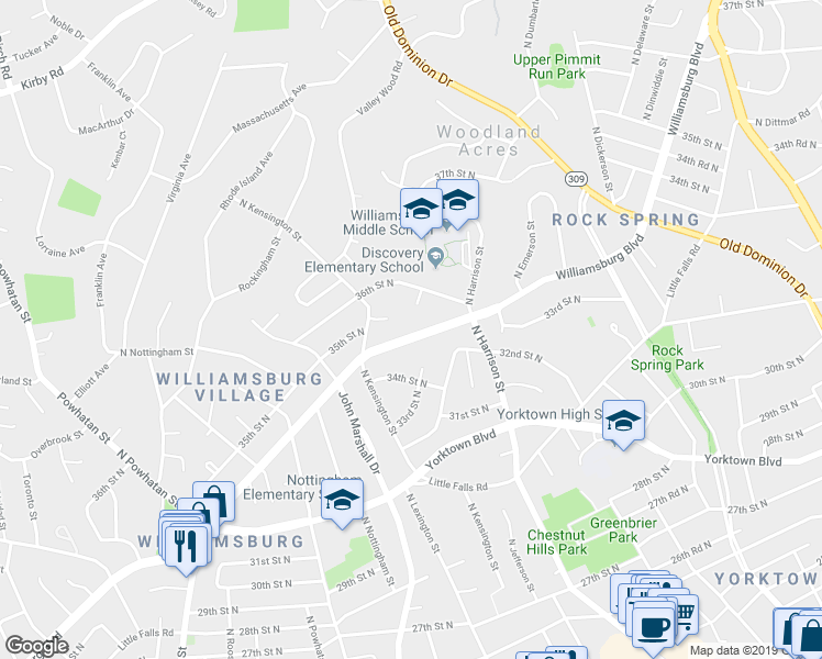 map of restaurants, bars, coffee shops, grocery stores, and more near 5601 Williamsburg Boulevard in Arlington