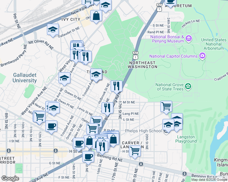 map of restaurants, bars, coffee shops, grocery stores, and more near 101 Independence Avenue Southeast in Washington