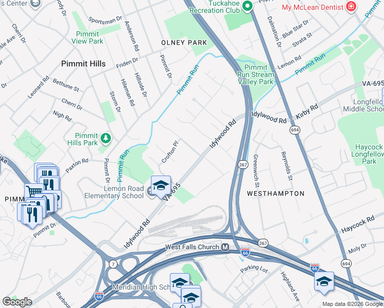 map of restaurants, bars, coffee shops, grocery stores, and more near 2054 Hillside Drive in Falls Church