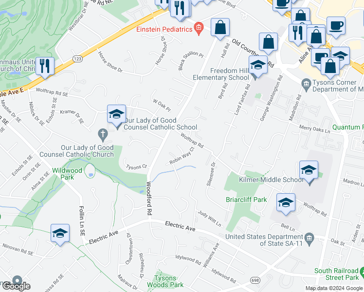 map of restaurants, bars, coffee shops, grocery stores, and more near 8406 Cardinal Glen Court in Vienna