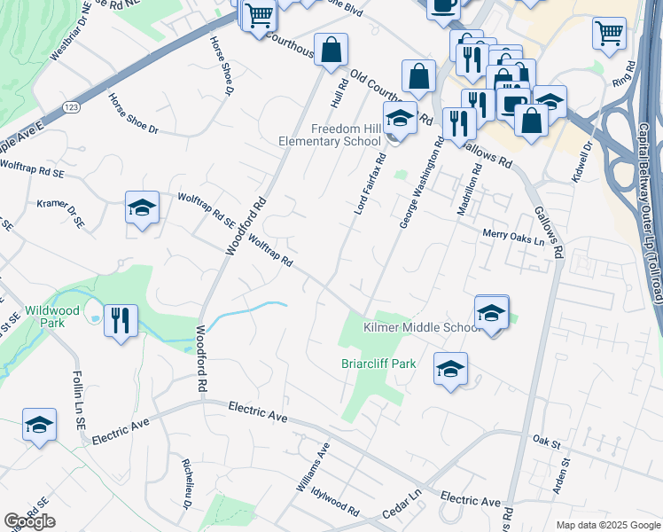 map of restaurants, bars, coffee shops, grocery stores, and more near 2040 Lord Fairfax Road in Vienna