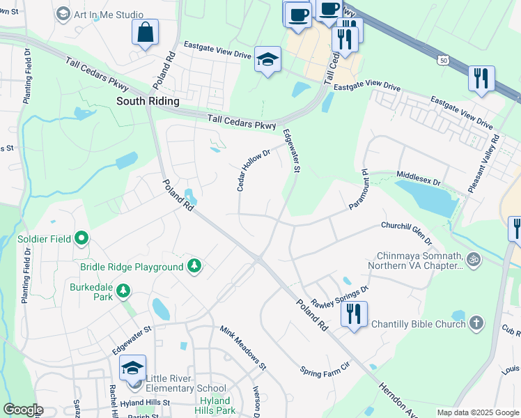 map of restaurants, bars, coffee shops, grocery stores, and more near 25673 Pleasant Woods Court in Chantilly