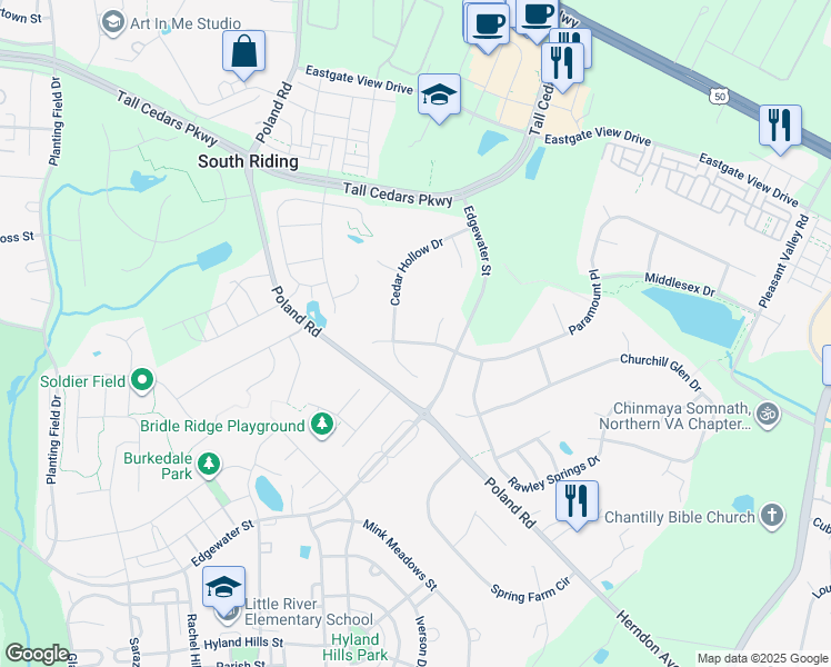 map of restaurants, bars, coffee shops, grocery stores, and more near 43704 Paramount Place in Chantilly