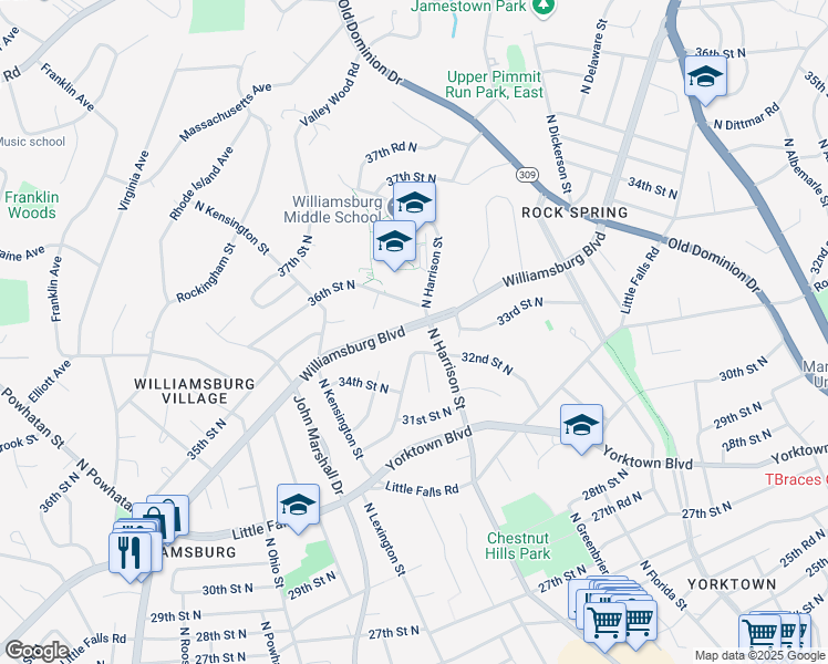 map of restaurants, bars, coffee shops, grocery stores, and more near 5406 Williamsburg Boulevard in Arlington