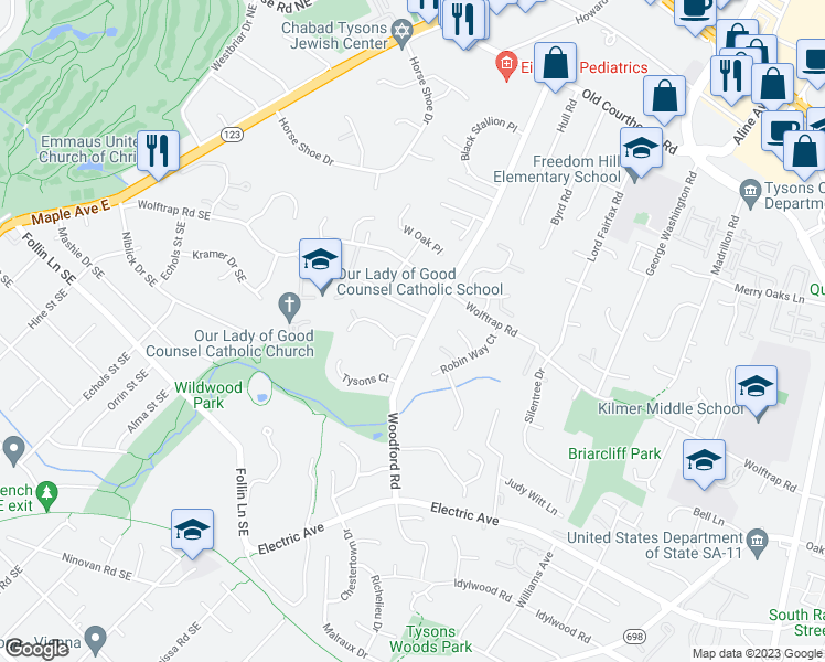 map of restaurants, bars, coffee shops, grocery stores, and more near 2064 Woodford Road in Tysons