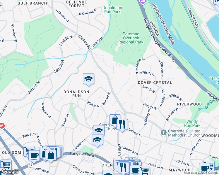 map of restaurants, bars, coffee shops, grocery stores, and more near 2616 Military Road in Arlington