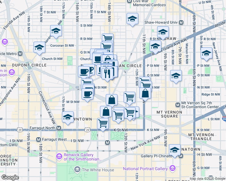 map of restaurants, bars, coffee shops, grocery stores, and more near 1226 Vermont Avenue Northwest in Washington