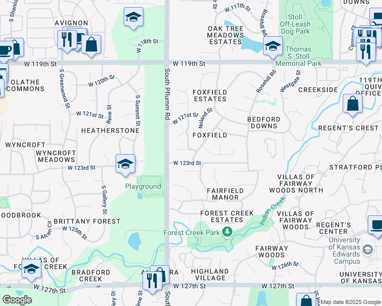 map of restaurants, bars, coffee shops, grocery stores, and more near 12234 Gillette Street in Overland Park