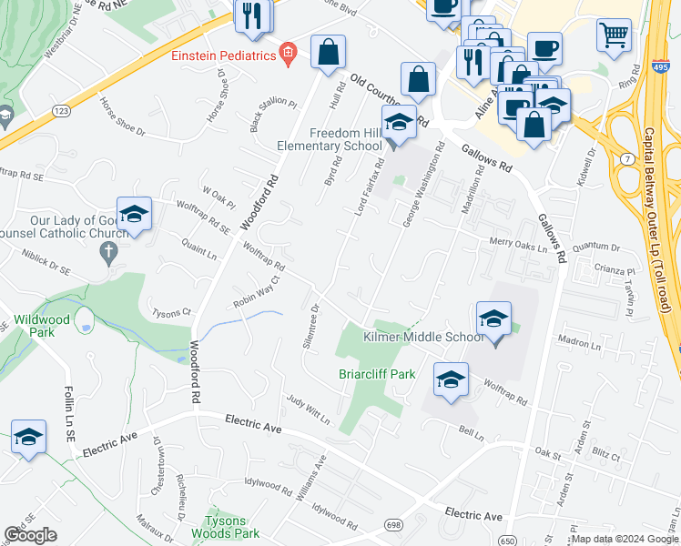 map of restaurants, bars, coffee shops, grocery stores, and more near 2039 Lord Fairfax Road in Vienna
