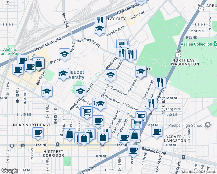 map of restaurants, bars, coffee shops, grocery stores, and more near 101 Independence Avenue Southeast in Washington