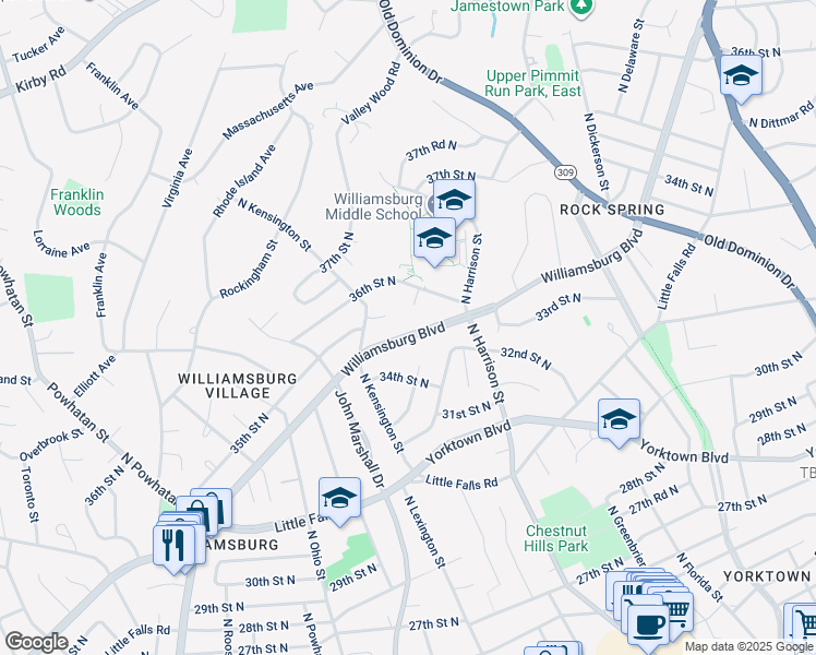 map of restaurants, bars, coffee shops, grocery stores, and more near 5601 Williamsburg Boulevard in Arlington