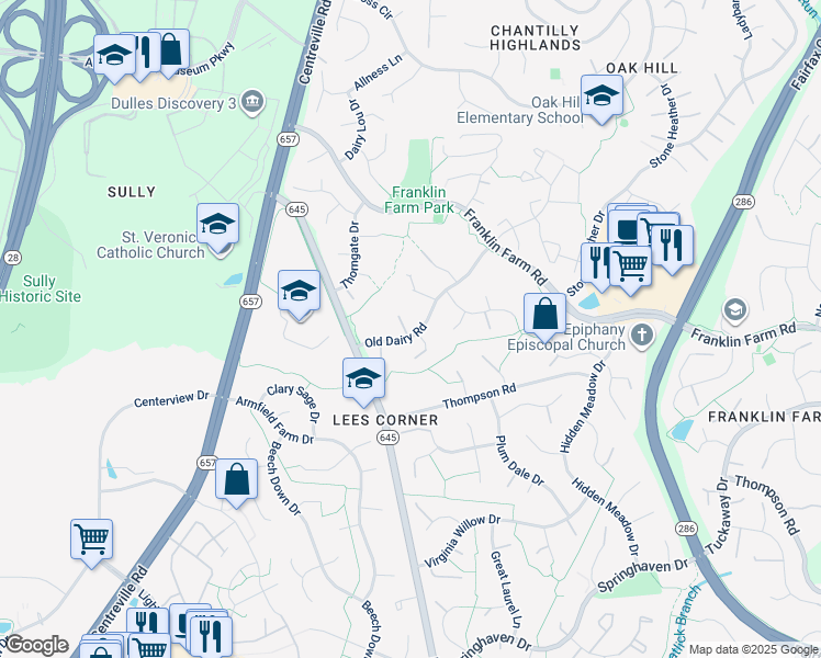 map of restaurants, bars, coffee shops, grocery stores, and more near 13610 Old Dairy Road in Herndon