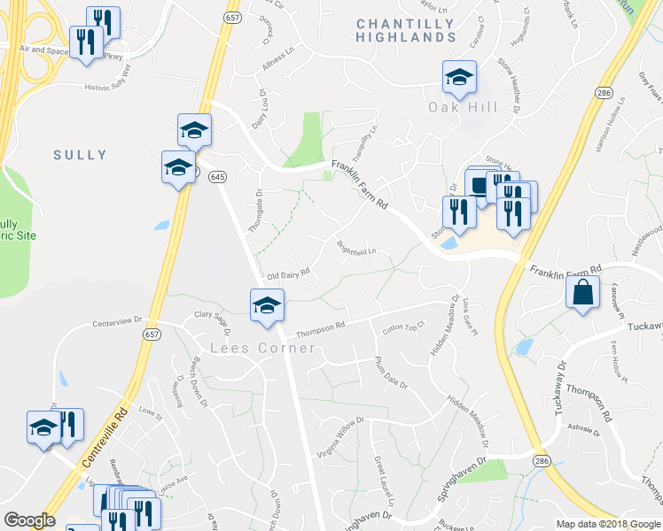map of restaurants, bars, coffee shops, grocery stores, and more near 3420 Doe Run Court in Herndon
