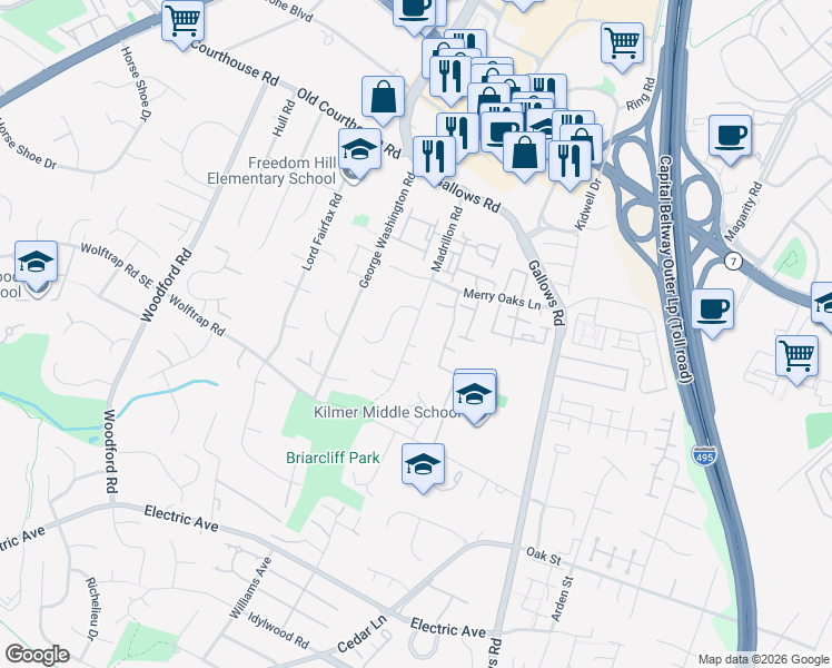 map of restaurants, bars, coffee shops, grocery stores, and more near 2057 Madrillon Road in Vienna