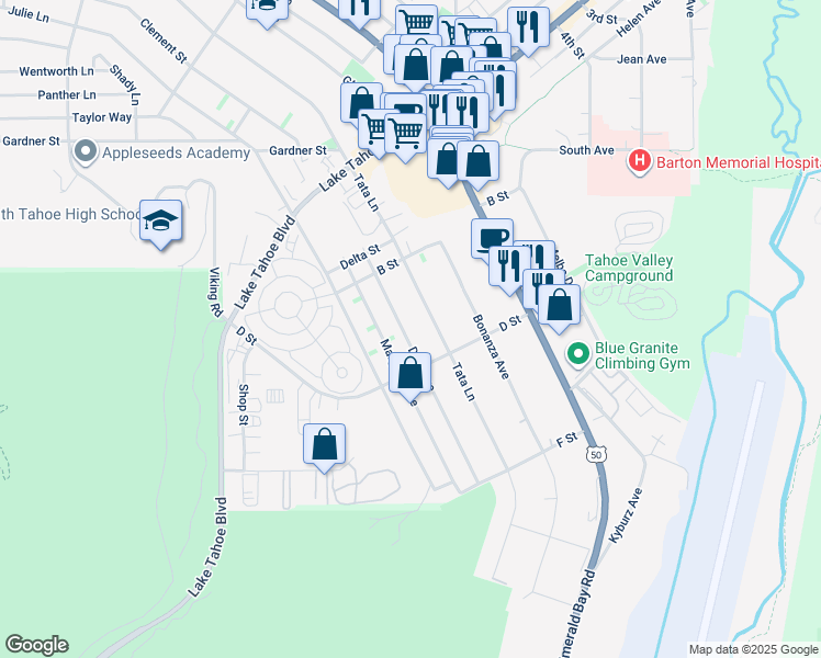 map of restaurants, bars, coffee shops, grocery stores, and more near 1141 Dedi Avenue in South Lake Tahoe