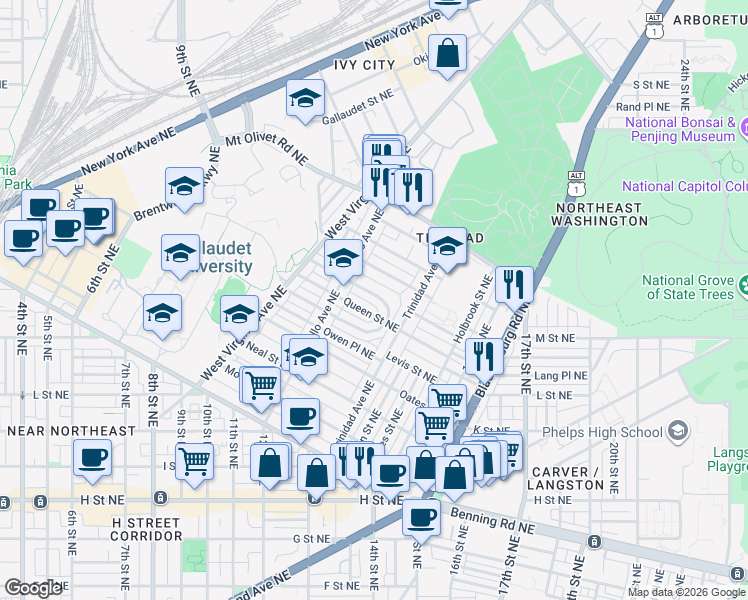 map of restaurants, bars, coffee shops, grocery stores, and more near 101 Independence Avenue Southeast in Washington