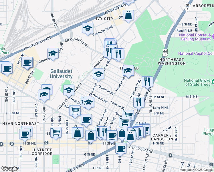 map of restaurants, bars, coffee shops, grocery stores, and more near 1253 Holbrook Terrace Northeast in Washington