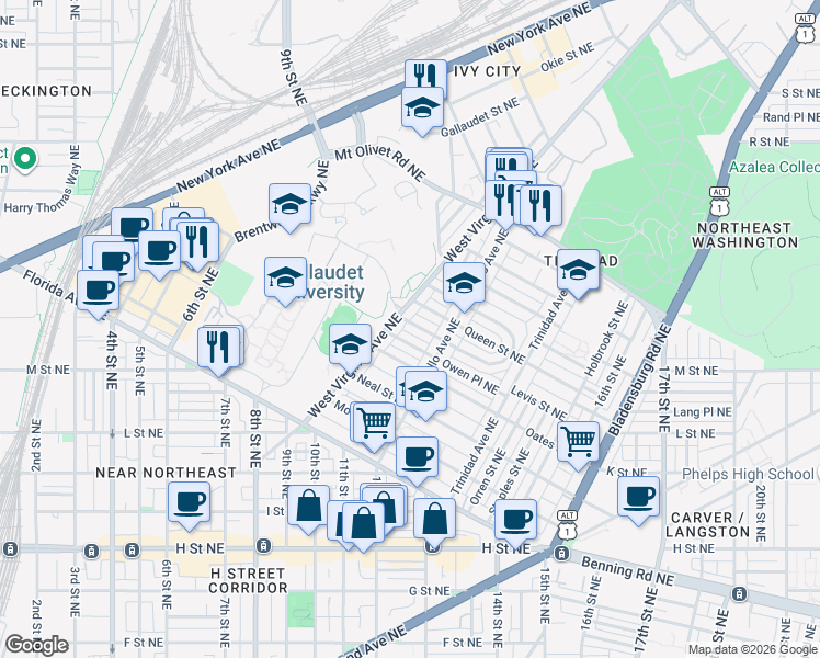 map of restaurants, bars, coffee shops, grocery stores, and more near 101 Independence Avenue Southeast in Washington
