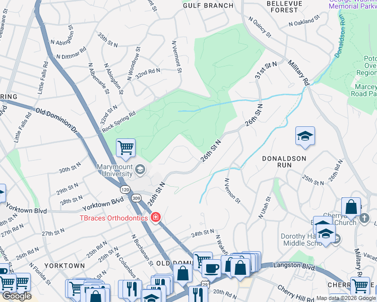 map of restaurants, bars, coffee shops, grocery stores, and more near 1426 North Quincy Street in Arlington
