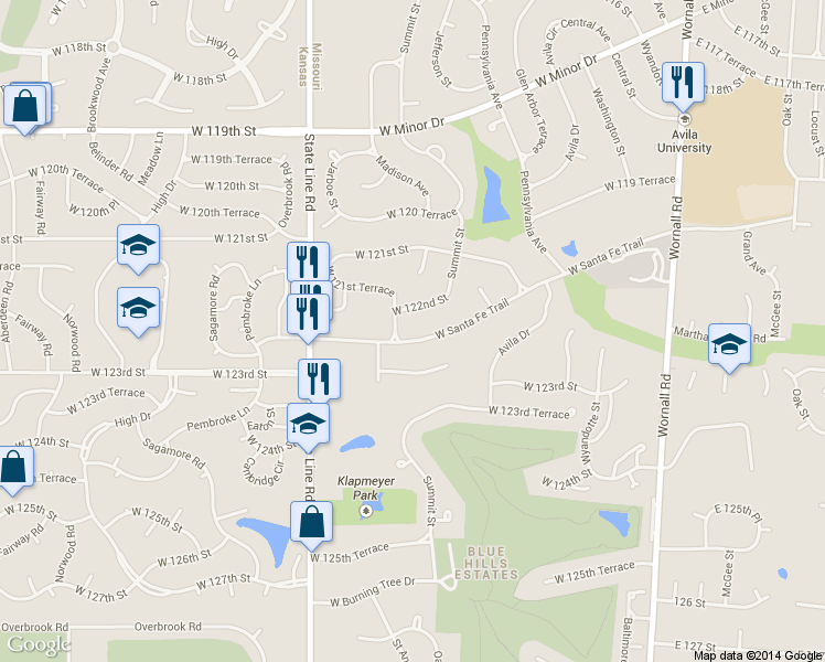 map of restaurants, bars, coffee shops, grocery stores, and more near 806 West Santa Fe Trail in Kansas City